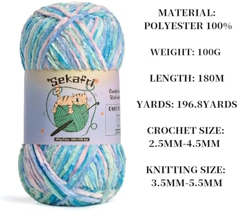 Fuzzy Chenille Yarn for Crocheting, Fluffy Amigurumi Crochet Yarn for DIY Craft/Hat/Shoes, (100g/197yds) Soft Velvet Baby Blanket Yarns（Candyfloss）