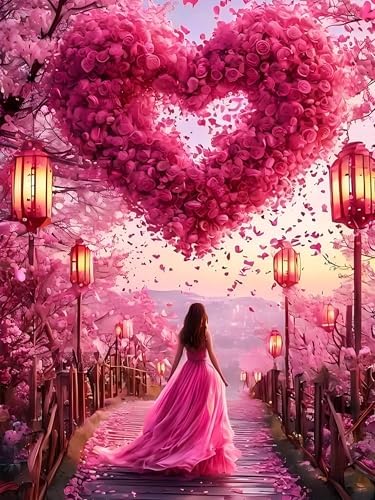 WNPOKN Pink Rose Heart with Girl Diamond Art Kits for Adults 12x16Inch