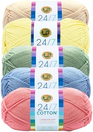 Lion Brand Yarn, 24/7 Cotton Mercerized Lightweight Yarn for Knitting, Crochet, and Crafts, Tea Party, 5 Pack, Multicolor Pack of Natural Fiber for Breathable Tops, Durable Bags, and Dish Cloths