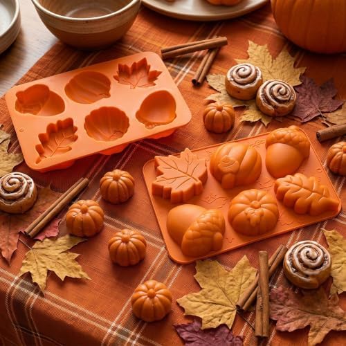 2Pcs Pumpkin Silicone Mold - 3D Fall Silicone Mold Thanksgiving Candy Mold Autumn Maple Leaf Acorn shape Chocolate Mold Soap Candy Cake Pan Baking Molds for Cake Cupcake Decoration