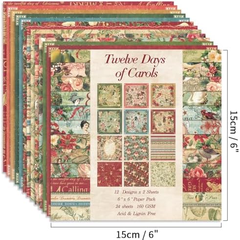 6x6" Cardstock Single Sided Scrapbooking,Craft Decorative Scrap Book Paper | 160gsm,24-Sheet 12Patterns Colored Paper,Junk Journal Supplies,Vivid Origami Papers DIY Craft Gift Wrapping Album.Carols