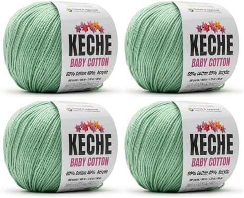 Keche Baby Cotton, 60% Cotton 40% Acrylic Yarn, Soft Cotton Yarn for Crochet and Knitting, Amigurumi Yarn 4 Skeins/Balls [1.76 Oz (50g) / 180 Yrds (165m)] x 4 Seafoam Green