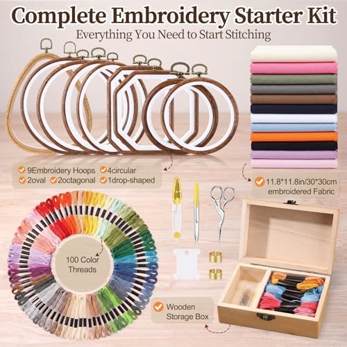Hotop 171 Pcs Embroidery Kit for Beginners Adults, Starter Kit with 9 Wood Grain Embroidery Hoops in 4 Shapes, 100 Color Threads, 12 Color Fabric, Wood Storage Box, Needles, Scissors and Tools