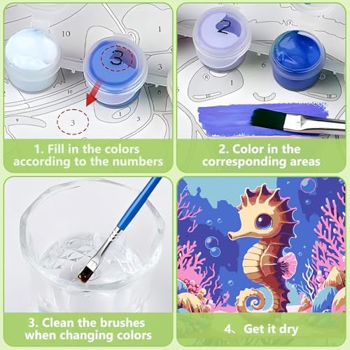 Reivworl Seahorse Paint by Numbers Kit for Kids with Frame 8×8 inch