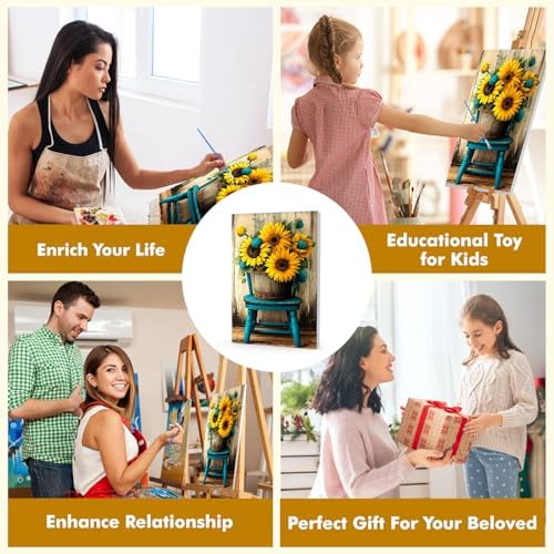 Bowetile Framed Paint by Numbers Sunflower Kit for Adults, Adults' Paint-by-Number Flowers Kits on Canvas, Painting by Numbers Chair, DIY Acrylic Number Painting for Home Wall Decor, 8x12in