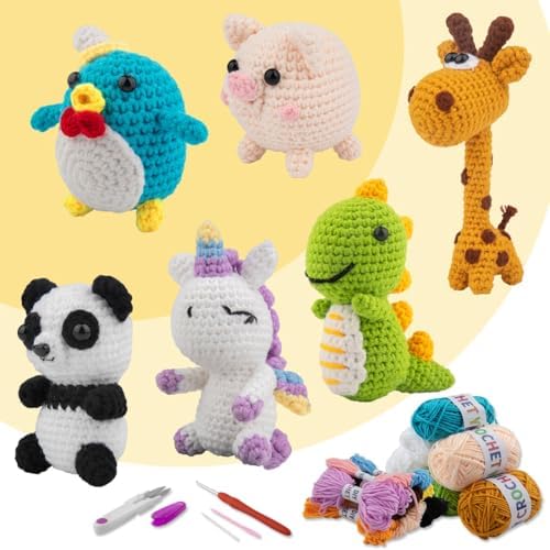 KIECIK 6Pcs Crochet Kit for Beginners, Crochet Animal Kits，Knitting Kit for Adults with Step by Step Videos Tutorials, Knitting Kit Great Birthday Holiday Gift, DIY Keychain Pendants(Set -02)