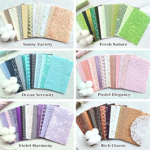 102 Unique Textured Scrapbook Papers and Mesh Fabric Sheets(17 Designs × 6 Colors), Handmade Craft paper for Scrapbooking, Junk Journal, Card Making Supplies, Planner, Collage (5.9" x 3.9")