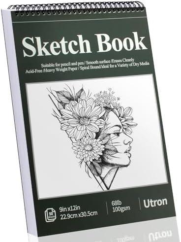 Utron 9"x12" Sketchbook Drawing, Top Spiral Sketching Pad, 100GSM/68LB Acid Free Art Sketching Pad, Drawing Paper, Beginner Artist (50 Sheets, White)