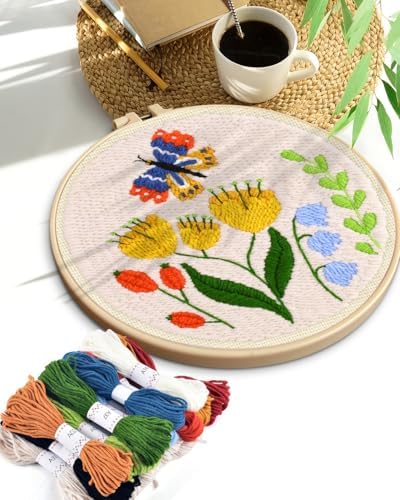 TINDTOP Punch Needle Kits, DIY Punch Embroidery Kits for Adults Beginner, Tool with Punch Needle Fabric, Hoops, Yarns and Sewing Needles (Set F)