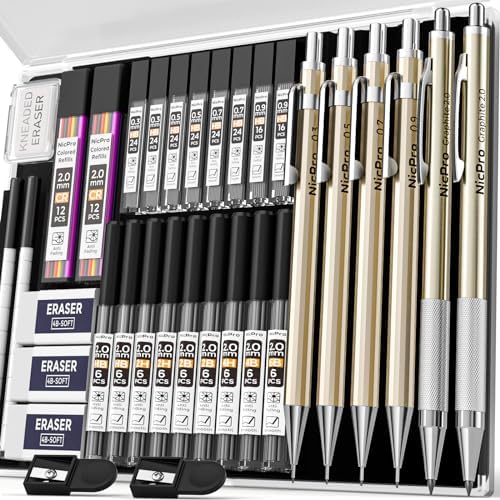 Nicpro 34PCS Art Mechanical Pencil Set, Metal Drafting Pencil 0.3 mm & 0.5 mm & 0.7 mm & 0.9 mm & 2PCS 2mm Lead Holder (6B 4B 2B HB 2H 4H Colors) For Sketching Drawing With 19 Tube Lead Refills Case