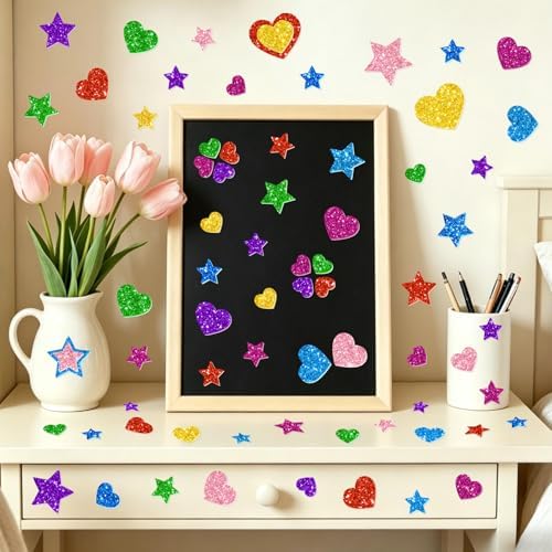 1000 PCS Glitter Foam Stickers, Foam Heart and Star Stickers, 8 Colors