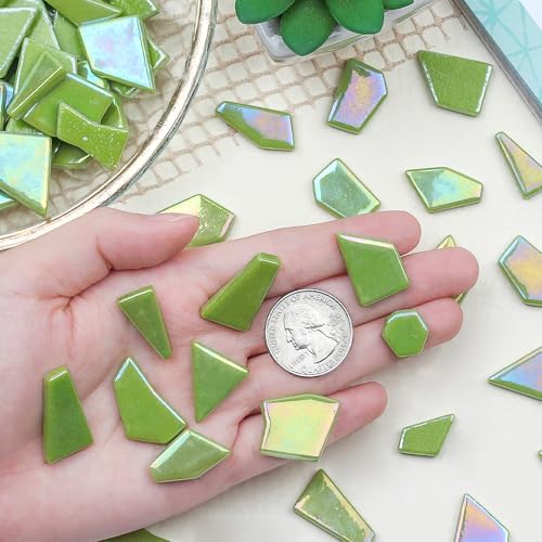 Youway Style Iridescent Glass Mosaic Tiles for Crafts Bulk,200g Green Broken Mosaic Glass Pieces for Garden Crafts Kits,DIY Mosaic Art Decor (Pack of 2)