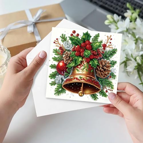 6Pcs Christmas Greeting Card DIY Diamond Art Painting Greeting Cards Blessing Folding Card Kit with White Envelopes Diamond Arts Crafts for Birthday Festival Gift-Bell