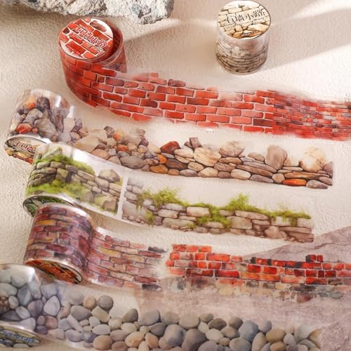 6 Rolls PET Washi Tape Stickers for Junk Journal Supplies,Self-Adhesive PET Washi Tape for Scrapbooking,Journaling Supplies,Painting,DIY Craft(Stone Wall)