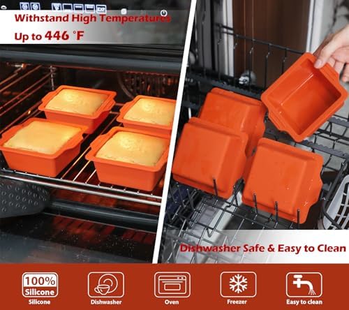Webake 4 Inch Silicone Square Cake Pans, Nonstick Mini Square Silicone Molds for Baking, Ice Cube, Jelly, Soap, BPA Free Set of 4