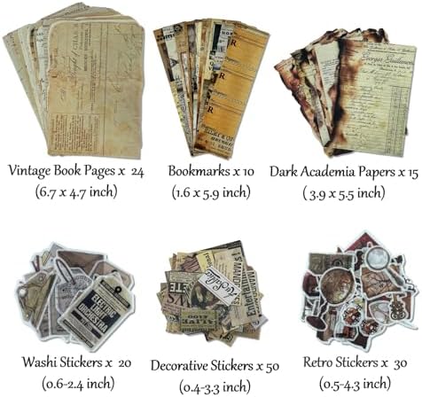 Vintage Aesthetic Scrapbook Supplies Kit with Scrapbook Paper, Stickers, Bookmarks for Scrapbooking, DIY Albums, Junk Journals, Bullet Journals, Dark Academia Aesthetic Decor (Dark3 149 Pcs)