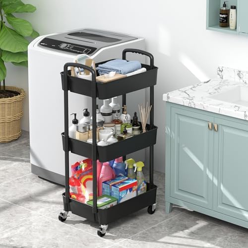 Sywhitta 3-Tier Plastic Rolling Utility Cart with Wheels for Storage,Black