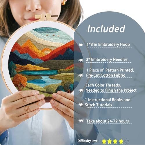 FONNUY Embroidery Kit for Beginners, Brightly Colored Landscape Lake Pre-Stamped Pattern Kits for Adults with Hoop, Easy to Follow Color Thread Needlework, 8'' Hoop (Darkblue)