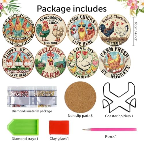 8 Pcs Chicken Diamond Art Coasters Kits, Diamond Painting Coasters Kits ﻿ ﻿