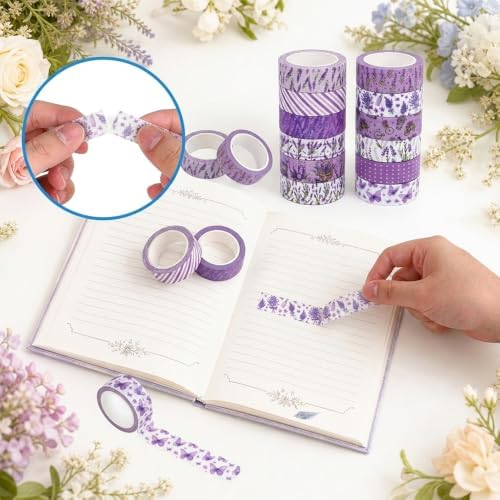 12 Rolls Floral Washi Tape Set, Purple Watercolor Flowers Design for for Journaling, Scrapbooking, DIY Craft, Planners, Gift Wrapping, Back to School Art Supplies