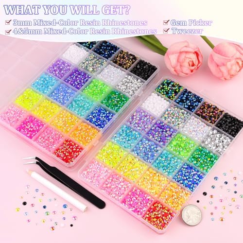 2 Boxes 3+4/5mm Jelly Rhinestones for Bedazzling, 22000Pcs Multicolor Flatback Resin Gems for Crafting, Bedazzler Kit with Tweezer for DIY Crafts Book Fabric Decor Nail Art