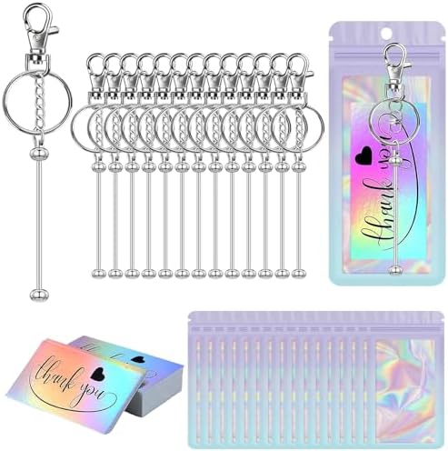 42/84/126 Pcs Beadable Keychain Bars Bulk Blank DIY Beaded Keychain Making Supplies with Bag Thank You Card