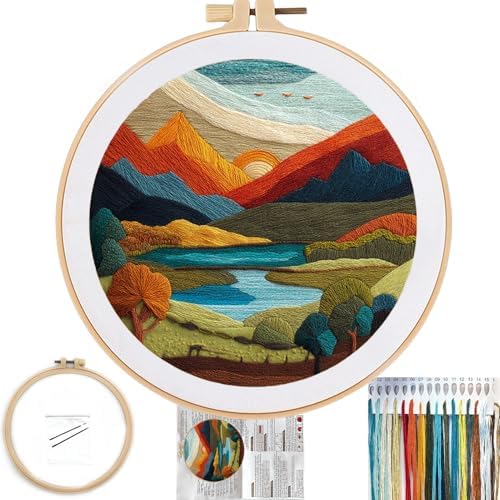 FONNUY Embroidery Kit for Beginners, Brightly Colored Landscape Lake Pre-Stamped Pattern Kits for Adults with Hoop, Easy to Follow Color Thread Needlework, 8'' Hoop (Darkblue)