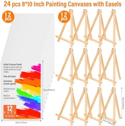 Canvas Painting Party Kit for Adults, 24 Pack 8 x 10 Inch Canvas Boards and Wooden Easels Stands for Group Painting Sip and Paint Night