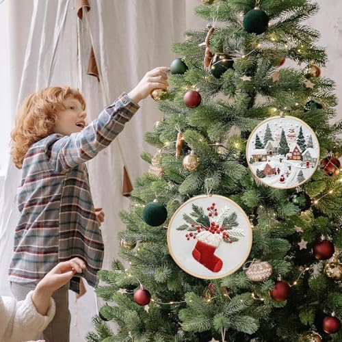 RUIQLXHANG Christmas Embroidery Kit, Christmas Gnomes Embroidery Kits for Beginners with Pattern, Cotton Threads, Needles, Instruction, 20cm Hoop, Gift for Mom, Grandma (Holly Bauble)