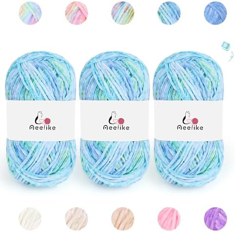 Aeelike 3 Pack Chenille Yarn,Soft Polyester,Each 100g/10.5oz 197yds,Mixblue