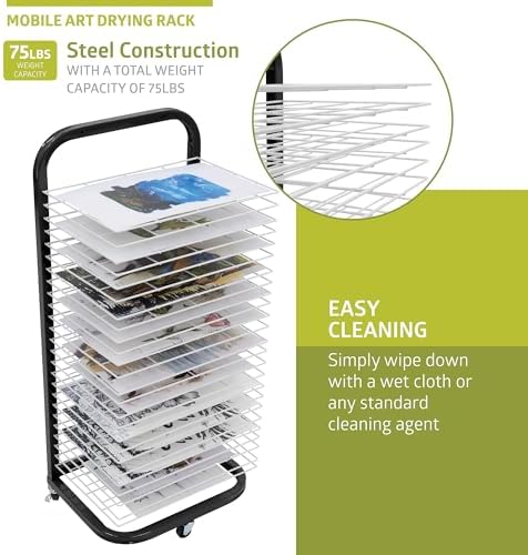 Pearington 25-Shelf Mobile/Wall Mountable Art Drying Rack for Art Studios & Classrooms, 13" D x 17.5" W x 39.4" H, Black/White