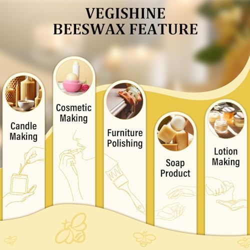 Beeswax pellets 200G/5LB/10LB/20LB, VEGISHINE Pure and Natural Yellow Beeswax for DIY Skin Care, Lip Balm, Polishing, Lotion, Soap, Candle Making Supplies