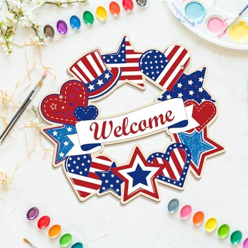 Large 12" Wooden 4th of July Crafts Star Ornaments to Paint, DIY Blank Unfinished Star Door Sign Wreaths for Front Door Plaque 250th Anniversary Hanging Patriotic Day Independence Day Decoration