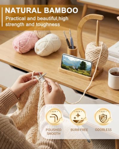 SPEENSUN Magnetic Bamboo Yarn Holder with Phone Stand, Natural