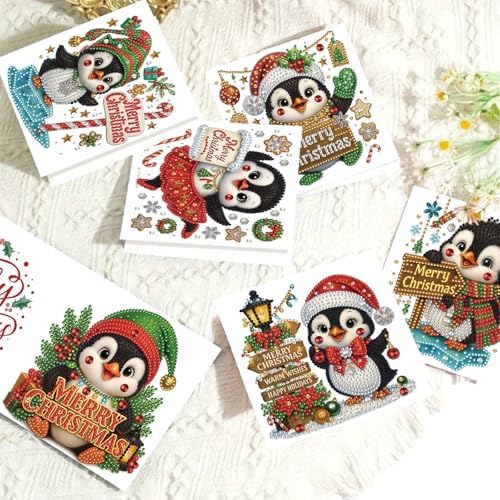 6Pcs Christmas Greeting Card DIY Diamond Art Painting Greeting Cards Blessing Folding Card Kit with White Envelopes Diamond Arts Crafts for Birthday Festival Gift-Penguin