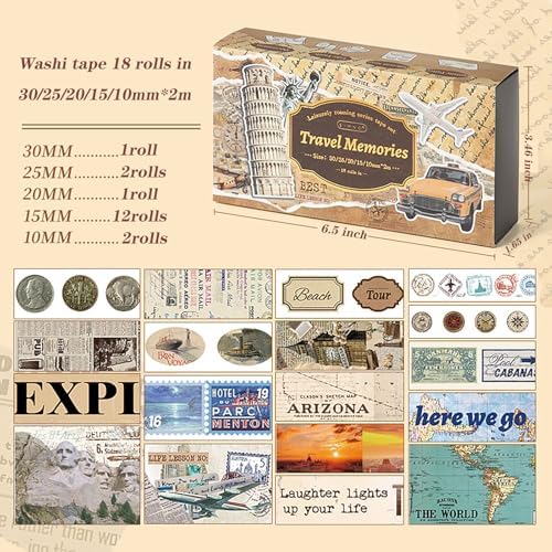 18 Rolls Travel Washi Tape Set journaling Tape for Crafts and Journaling DIY Scrapbook Tape for journaling Scrapbooking Supplies washi Tape for Scrapbooking