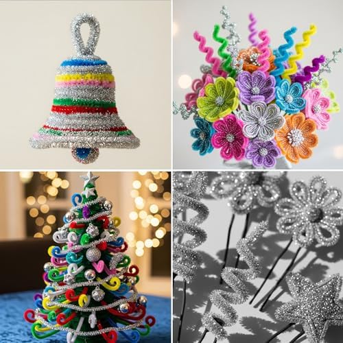 Caydo 200 Pieces Glitter Silver Pipe Cleaners, Thick Fluffy Chenille Stems, Pipe Cleaner Crafts for Arts & Crafts, Perfect for Making Animals, Flowers, and Festive Decorations