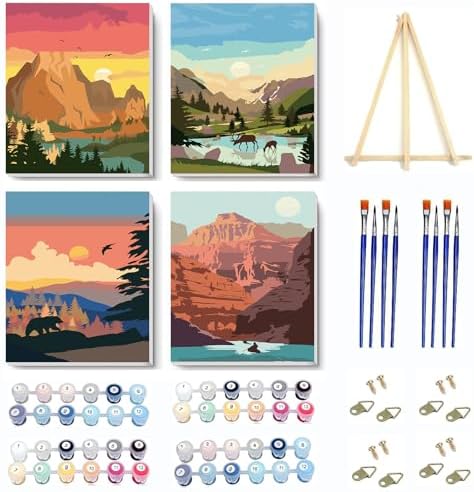 4 Pack Paint by Numbers Kit for Adults Framed Canvas with Wooden Easel