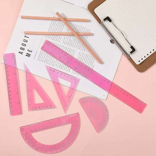 Tenare 6 Pcs Math Geometry Ruler Set, Protractor Triangle School,Pink