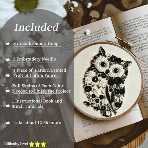 FONNUY Floral Owl Embroidery Kit for Beginners, DIY Handmade Flower Animal Embroidery Set with Hoop, Stamped Cross Stitch Kit for Adults, Unique Home Wall Art Decor & Craft Gift (Black)