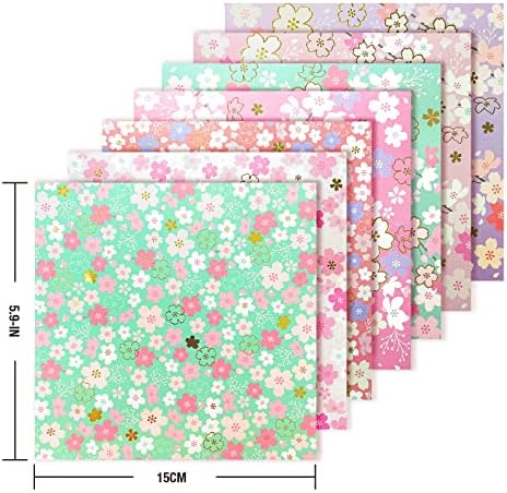 112 Sheets Heavier Origami Paper Japanese Cherry Blossom Pattern Sakura Bronzing Chiyogami 6" 15cm Washi Easy Fold Paper for Beginner