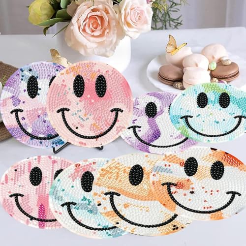 8 Pcs Smile Face Diamond Art Coasters Kit for Adults with Holder 4x4in