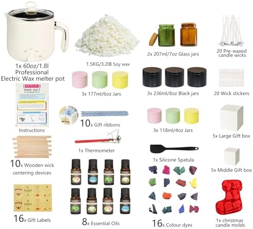 Candle Making Kit with Wax Melter, Premium DIY Candles Kit, Soybeans Wax | 60oz Electric Wax Melter, Starter Fridenly Homemade Candles Kit, Complete Set Rich Scent Colorful Tins & Jars