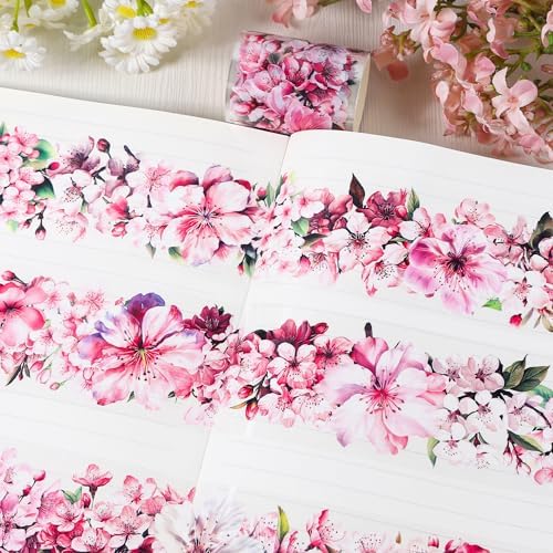 Sitsink PET Tape for Journal Scrapbooking - Pink Flower Cherry Junk Journal Tape for Scrapbooking Decor, Phone Case Notebook Card Crafts