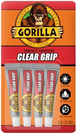 Gorilla Clear Grip Waterproof Contact Adhesive Minis, Four .2 Ounce Tubes, Clear, (Pack of 1)