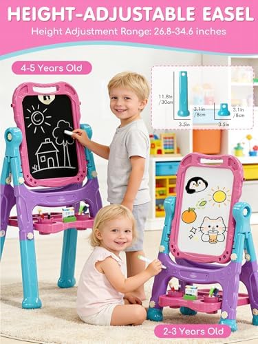 Lehoo Castle Easel for Kids 3-5, Magnetic Chalkboard Whiteboard(Pink)