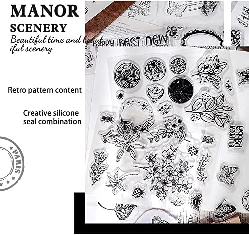 6 Sheets Clear Stamp Silicone Stamp Cards with Greeting Words, Flowers, Leaves, Butterflies, and Moons Pattern for Thanksgiving Christmas Holiday Card Making and DIY Scrapbooking Journaling