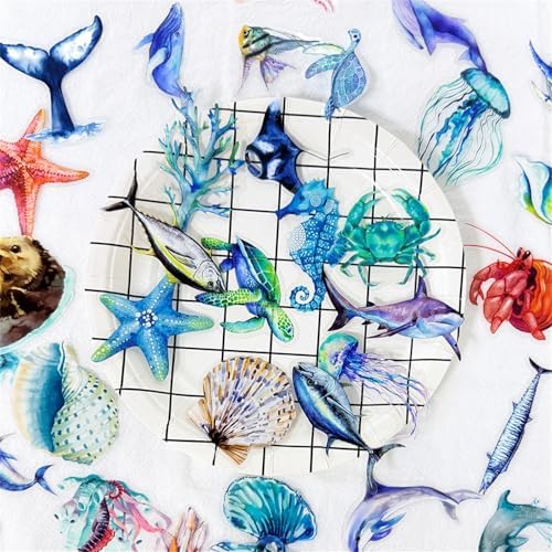 50pcs Ocean Animal Stickers for Laptop Water Bottles, Transparent PET Waterproof Adhesive Fish Decals Under The Sea Marine Life Sticker for Kids Birthday Party Scrapbook Phone (Blue)