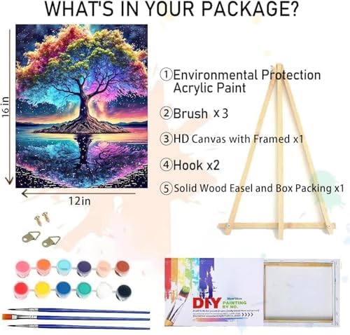 Tree of Life Paint by Numbers Kit for Adults Beginner with Wooden Framed,Adult Paint by Number Kits On Canvas,Adults' Paint-by-Number Kits DIY Oil Painting Kits for Gift Home Wall Decor 12x16 Inch