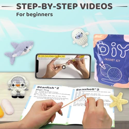 YAMAXIN Crochet Kit for Beginners – Ocean Animal Amigurumi DIY Yarn Kit with Step-by-Step Instructions, Tools & Soft Yarn – 4 Pack Crochet Kit Gift for Adults, Teens & Kids